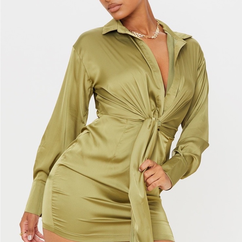 PLT Satin Long Sleeve Tie Drape Bodycon Dress